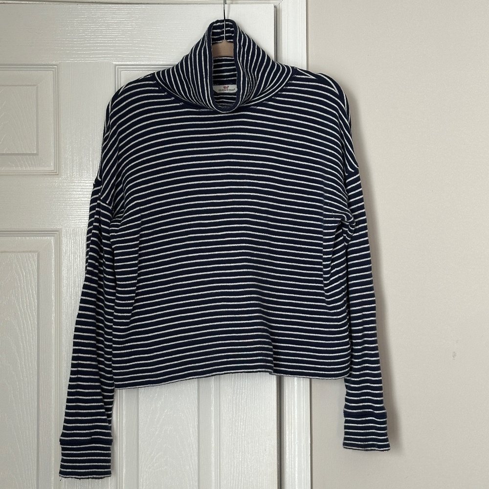 Vineyard Vines Stripe Funnel Neck Terry Deep Bay Blue White Stripe Cotton Medium